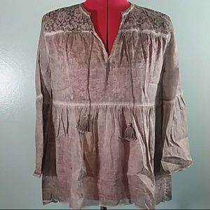 Elie Tahari Gray peasant top shirt lace BOHO long bell sleeve